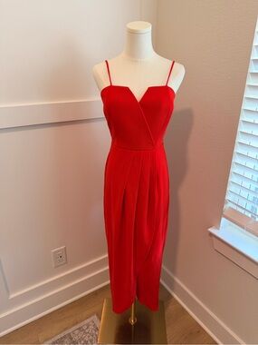 Alexa B Nites Fiery Red Asymmetrical Wrap Midi Dress – Size 6
